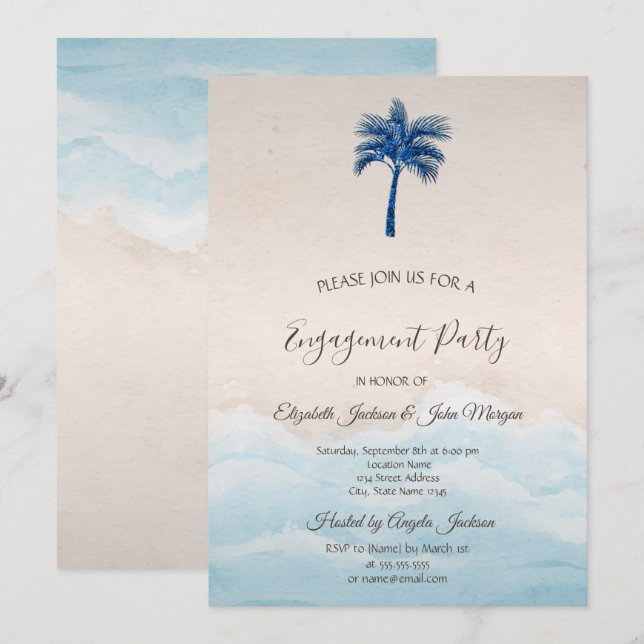 Invitación Glitter de Palma de Playa Tropical Compromiso   (Anverso / Reverso)