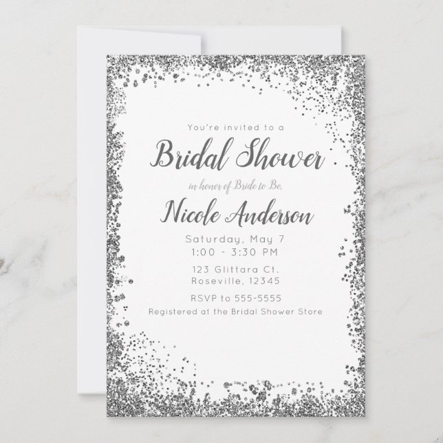 Invitación Glitter de Plata Blanca Boda Glam Moderna (Anverso)