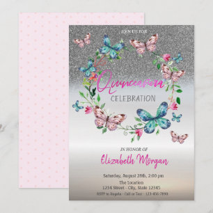 Invitación Glitter de plata ombre, lunares de mariposa Quince
