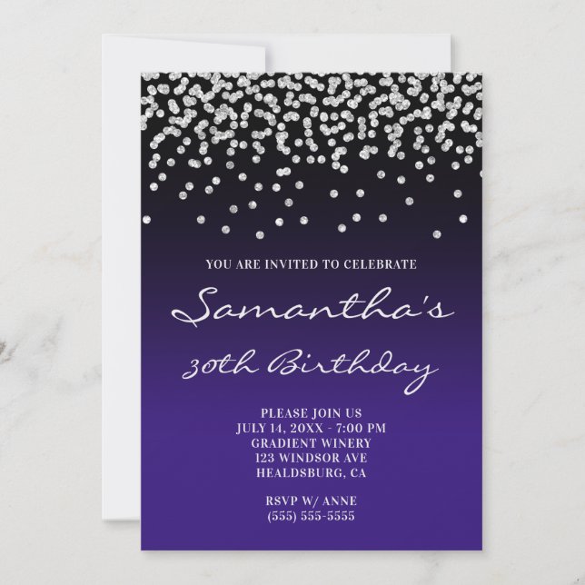Invitación Glitter de plata pálido Confeti Gradiente negro ín (Anverso)