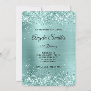 Invitación Glitter de Turquesa Pálido de Hoja Monograma Elega
