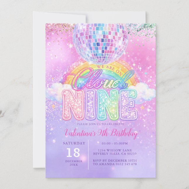 Invitación Glitter Disco Ball Pastel Cloud Nine Birthday (Anverso)
