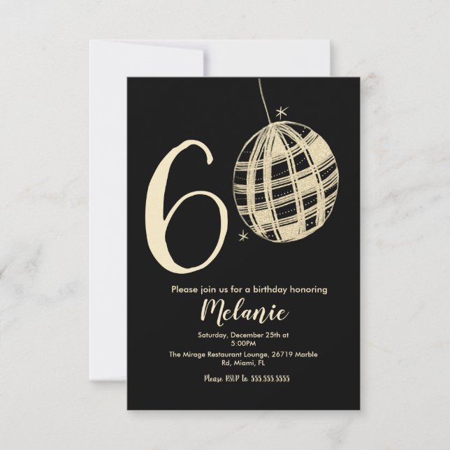 Invitación Glitter Disco Negro Negrita Script Moderno 60  (Anverso)