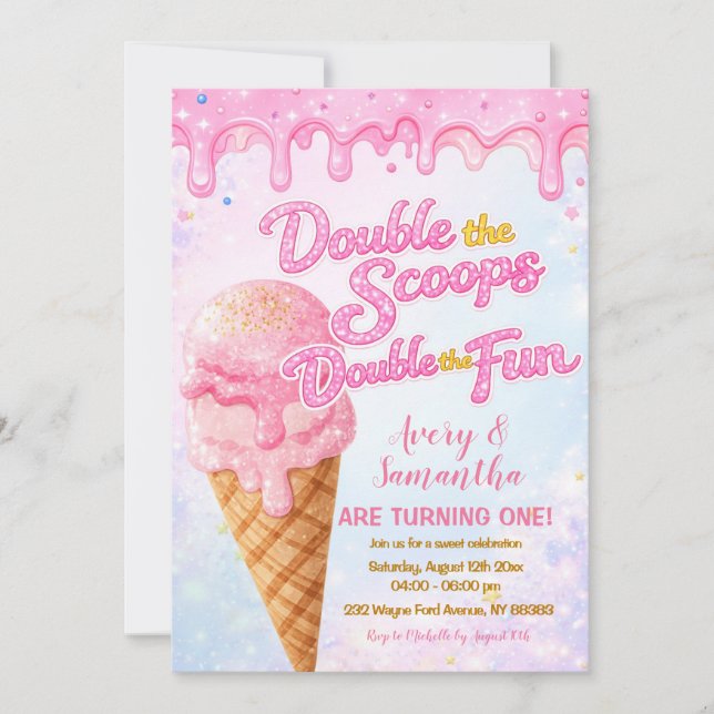 Invitación Glitter Doble las Cucharadas Cumpleaños Pastel Bri (Anverso)