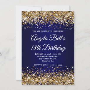 Invitación Glitter Dorado Azul Marino Ombre 18 Cumpleaños