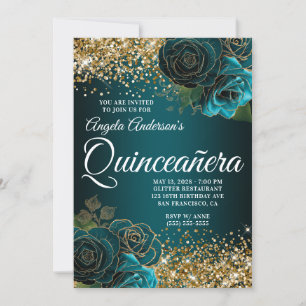 Invitación Glitter Dorado Azul Turquesa Floral Glam Quinceañe
