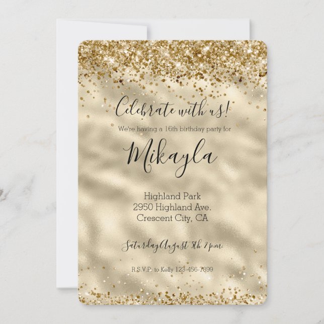 Invitación Glitter Dorado Glam Brillante Confeti (Anverso)