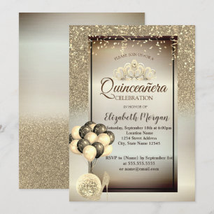 Invitación Glitter dorado, globos, tacones altos, tiara Quinc