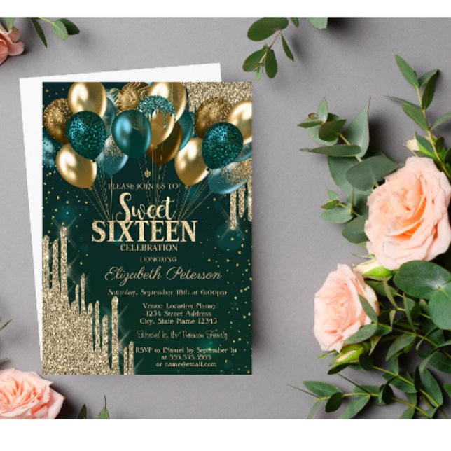 Invitación Glitter Dorado Gotea Globos Verde Dulces 16 (Subido por el creador)