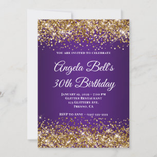 Invitación Glitter Dorado Monograma Cumpleaños 30 Real Morado