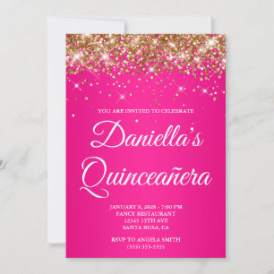 Invitación Glitter Dorado Rosa Caliente Ombre Quinceañera