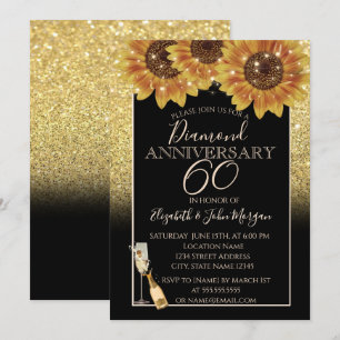 Invitación Glitter dorado, vino, vidrio, girasoles aniversari