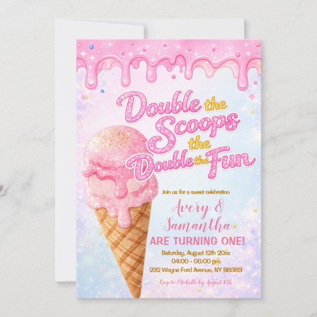 Invitación Glitter Double the Scoops Birthday Pastel Sparkle (Anverso)