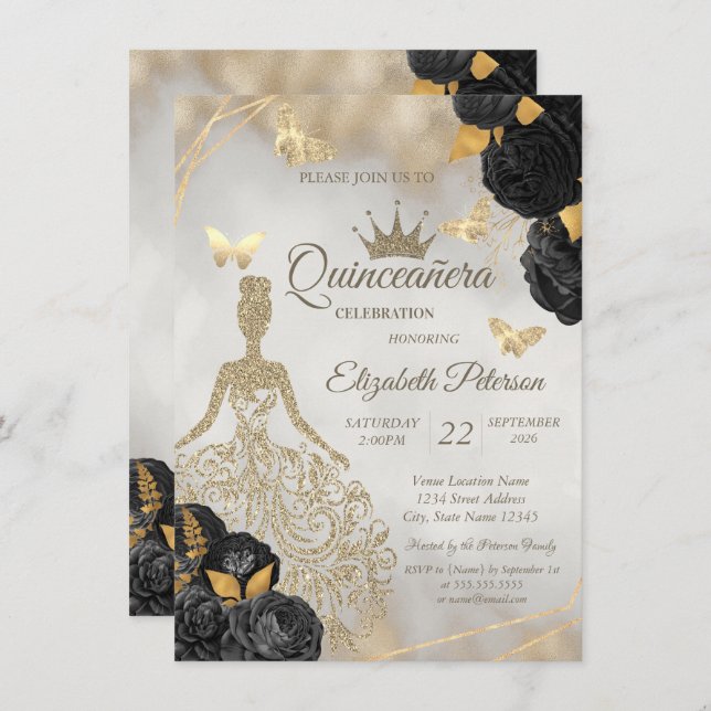 Invitación Glitter Dress,Butterfly Black Roses Quinceañera (Anverso / Reverso)