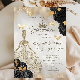 Invitación Glitter Dress,Butterfly Black Roses Quinceañera