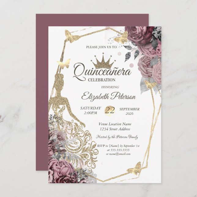 Invitación Glitter Dress,Butterfly Chic Roses Quinceañera (Anverso / Reverso)