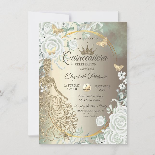 Invitación Glitter Dress,Butterfly Green Roses Quinceañera (Anverso)