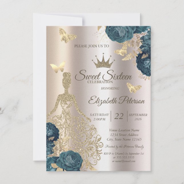 Invitación Glitter Dress,Butterfly Green Roses Sweet 16 (Anverso)