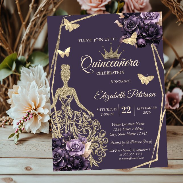 Invitación Glitter Dress,Butterfly Purple Roses Quinceañera (Subido por el creador)