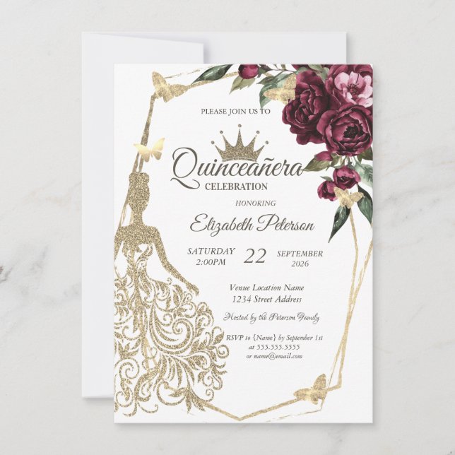Invitación Glitter Dress,Butterfly Roses Burgundy Quinceañera (Anverso)