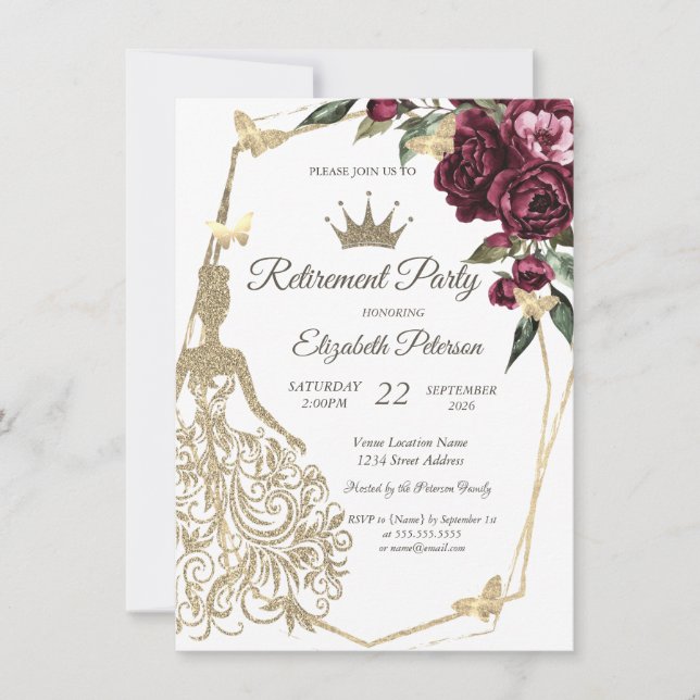 Invitación Glitter Dress,Butterfly Roses Burgundy Retirement  (Anverso)