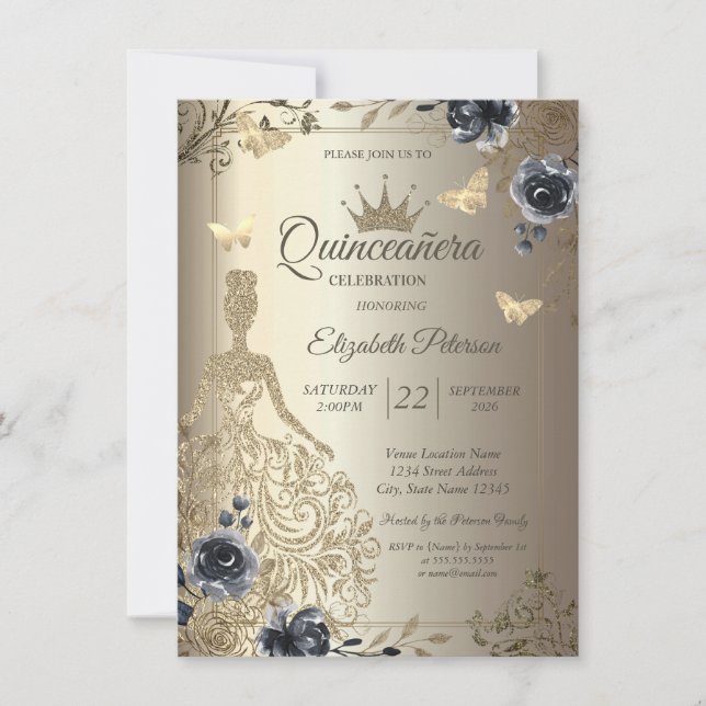 Invitación Glitter Dress,Butterfly Roses Gold Quinceañera (Anverso)