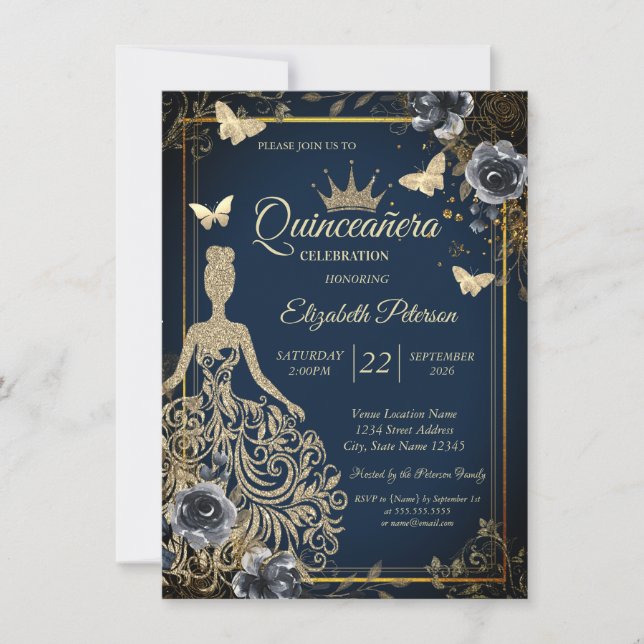 Invitación Glitter Dress,Butterfly Roses Navy BlueQuinceañera (Anverso)