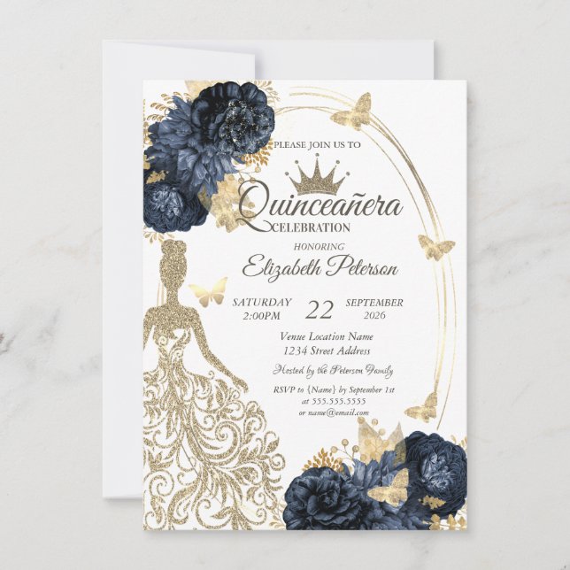Invitación Glitter Dress,Butterfly Roses Navy BlueQuinceañera (Anverso)