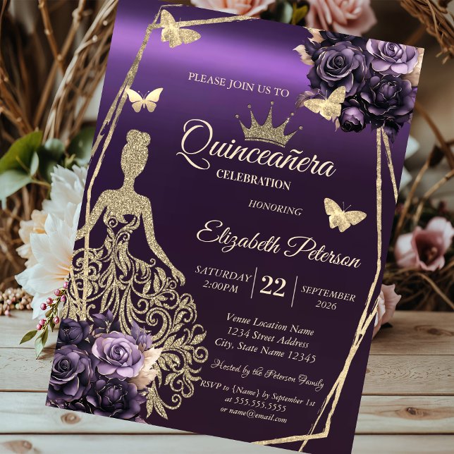 Invitación Glitter Dress,Butterfly Violet Roses Quinceañera (Subido por el creador)
