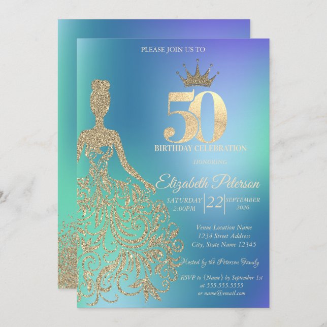 Invitación Glitter Dress, Diamonds Blue Ombre 50th Birthday (Anverso / Reverso)