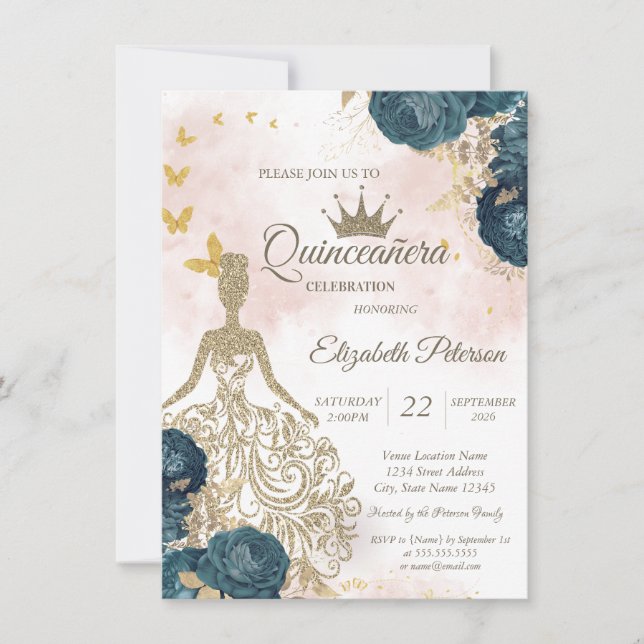Invitación Glitter Dress,Gold Butterflies Green Roses 15th  (Anverso)