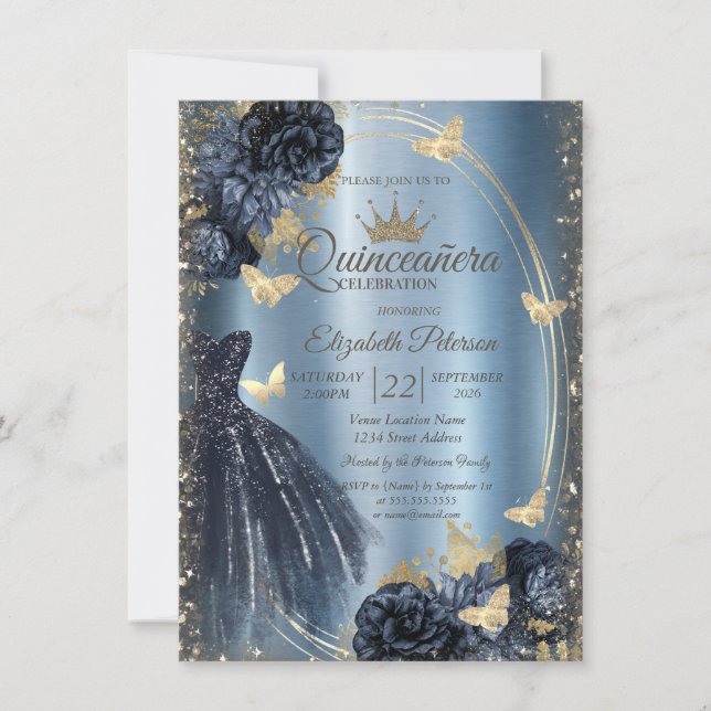 Invitación Glitter Dress,Roses,Butterflies Blue Metallic (Anverso)