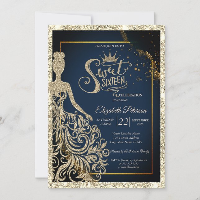 Invitación Glitter Dress,Tiara Navy Blue Gold Glitter (Anverso)