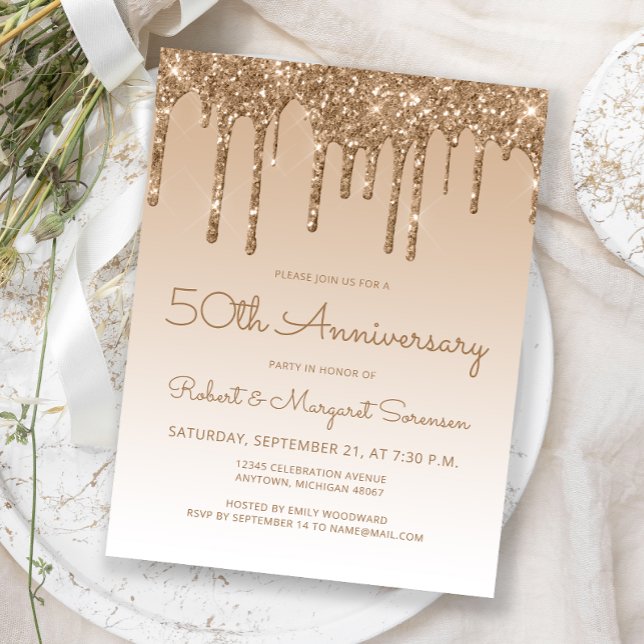 Invitación Glitter Drip Gold 50 Aniversario (Subido por el creador)