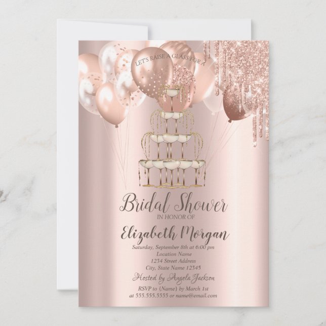 Invitación  Glitter Drips Balloons Champagne Bridal Shower (Anverso)