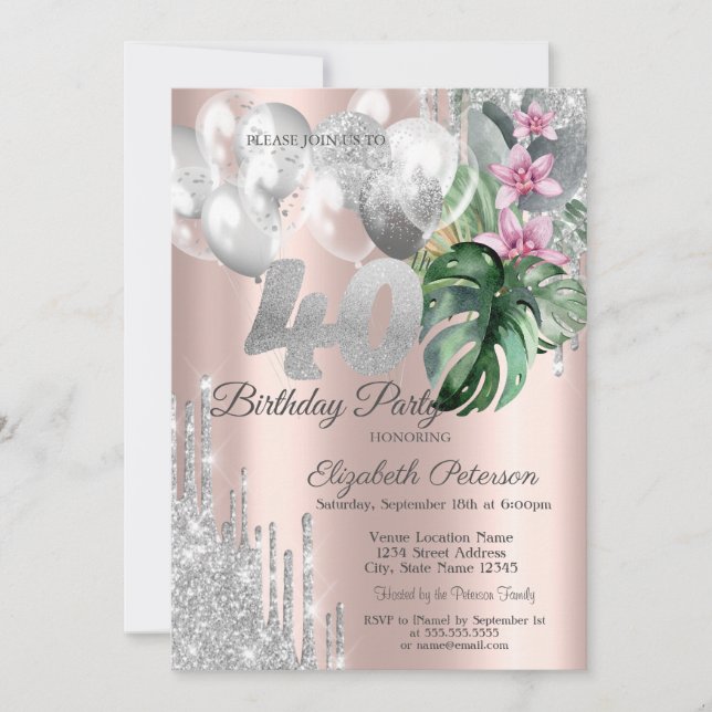 Invitación Glitter Drips Balloons Flores Tropicales 40th (Anverso)