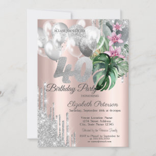 Invitación Glitter Drips Balloons Flores Tropicales 40th
