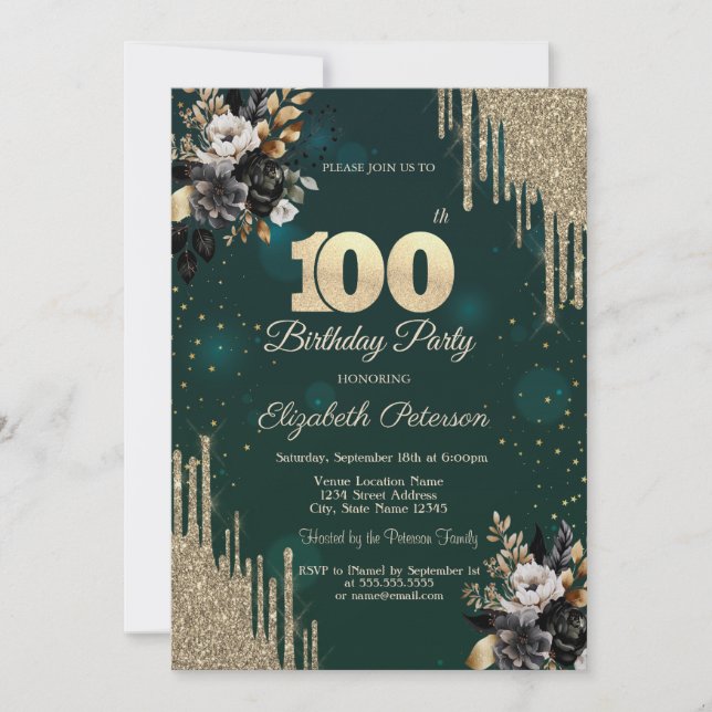 Invitación Glitter Drips Black Roses Green 100th Birthday  (Anverso)