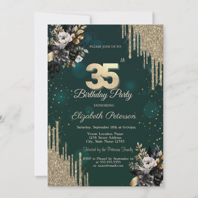 Invitación Glitter Drips Black Roses Green 35th Birthday  (Anverso)