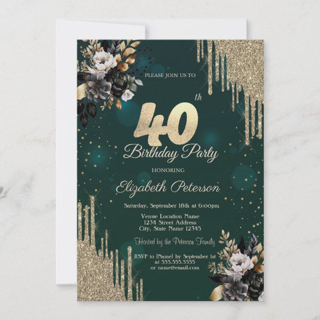 Invitación Glitter Drips Black Roses Green 40th Birthday  (Anverso)