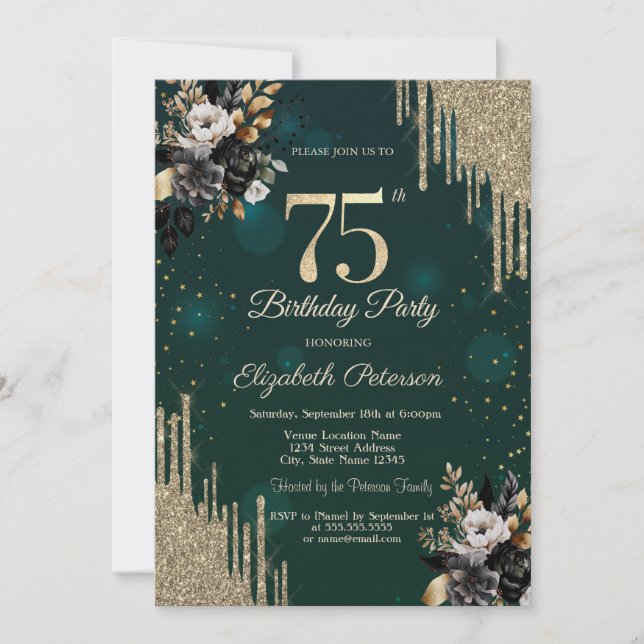 Invitación Glitter Drips Black Roses Green 75th Birthday  (Anverso)