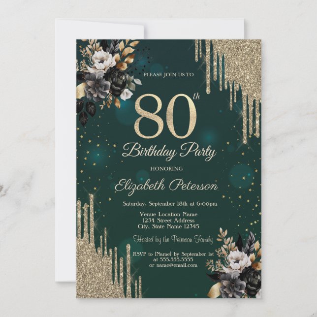 Invitación Glitter Drips Black Roses Green 80th Birthday  (Anverso)