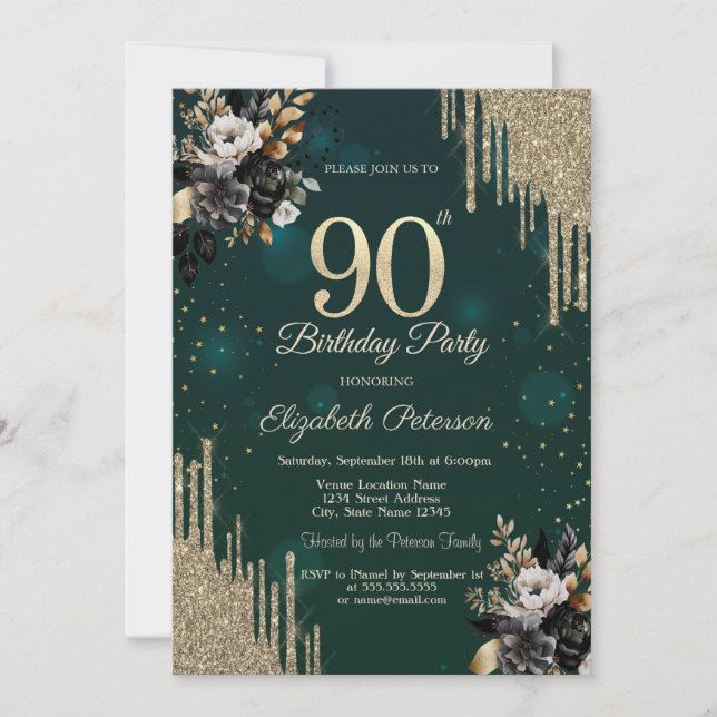Invitación Glitter Drips Black Roses Green 90th Birthday  (Anverso)