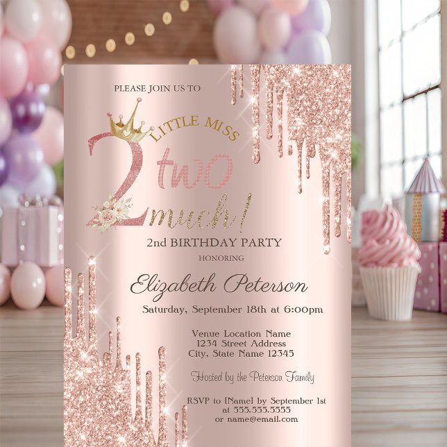 Invitación  Glitter Drips Crow Rose Gold 2nd Birthday   (Subido por el creador)