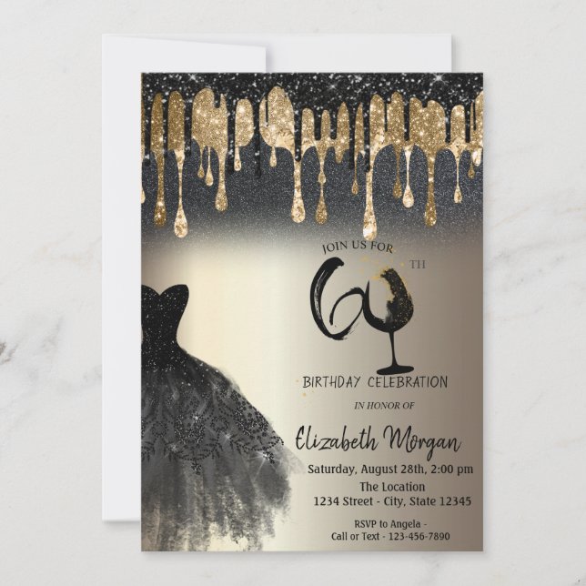 Invitación Glitter Drips Dress Wine Glass Gold 60th  (Anverso)