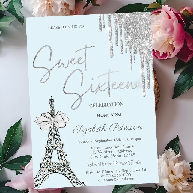 Invitación  Glitter Drips Eiffel Tower Bow Blue Sweet 16   (Subido por el creador)