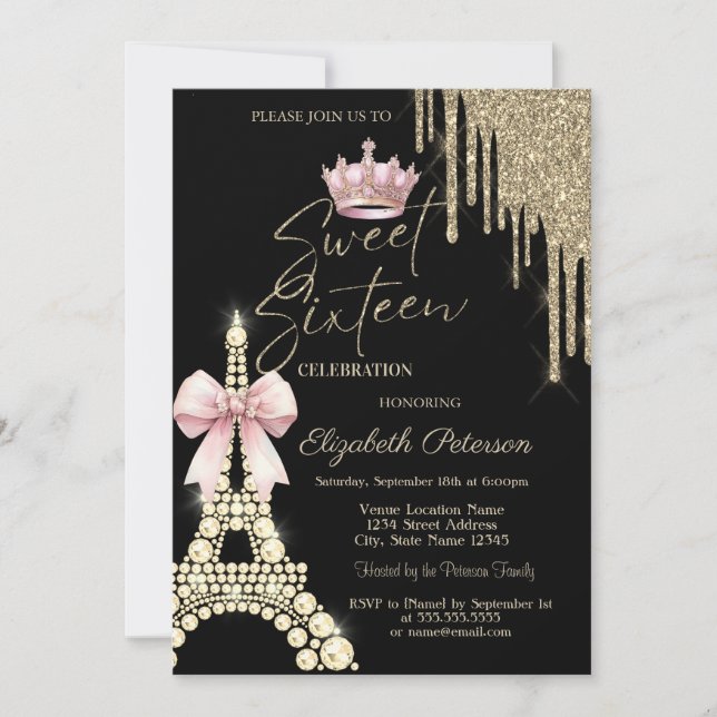 Invitación Glitter Drips,Eiffel Tower Bow Crown Sweet 16  (Anverso)