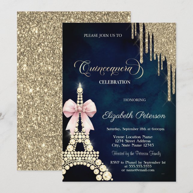 Invitación Glitter Drips,Eiffel Tower Bow Navy Blue  (Anverso / Reverso)
