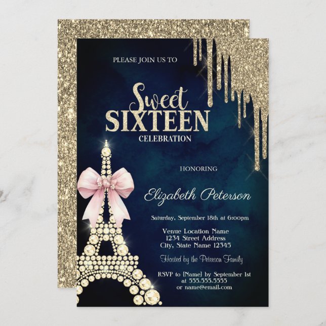Invitación Glitter Drips,Eiffel Tower Bow Navy Blue Sweet 16  (Anverso / Reverso)