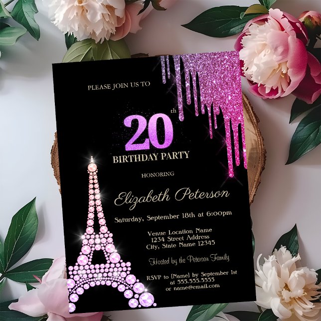 Invitación Glitter Drips,Eiffel Tower Diamonds 20th Birthday (Subido por el creador)